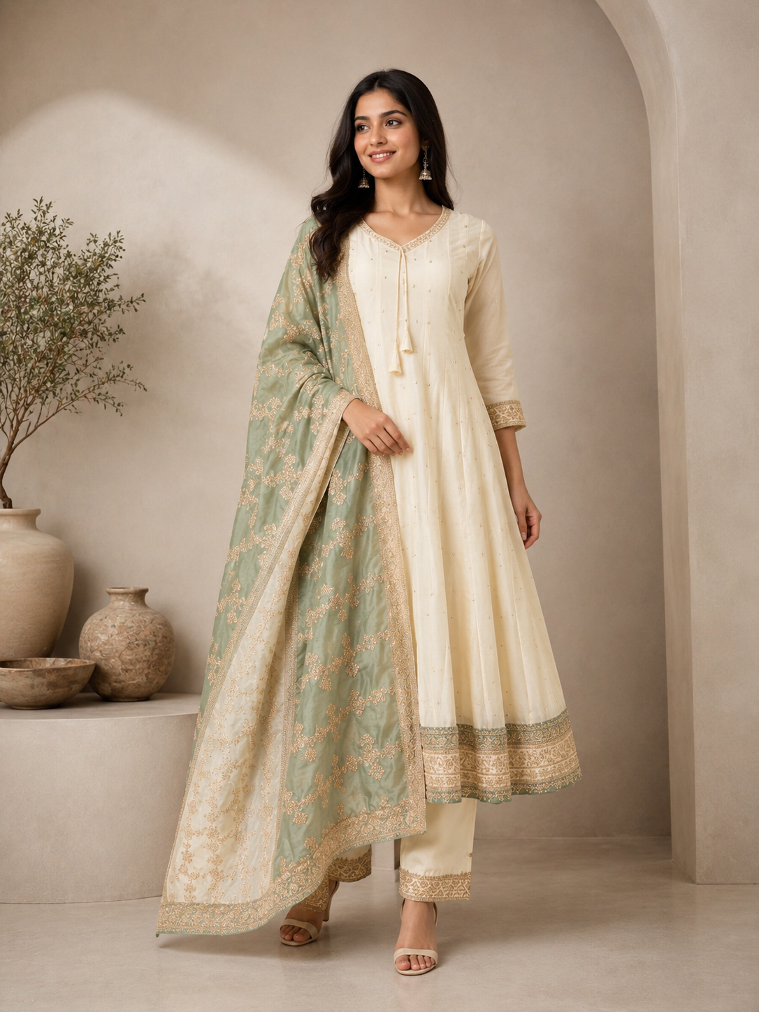Ivory Vichitra Silk Designer Anarkali Suit with Embroidered Dupatta